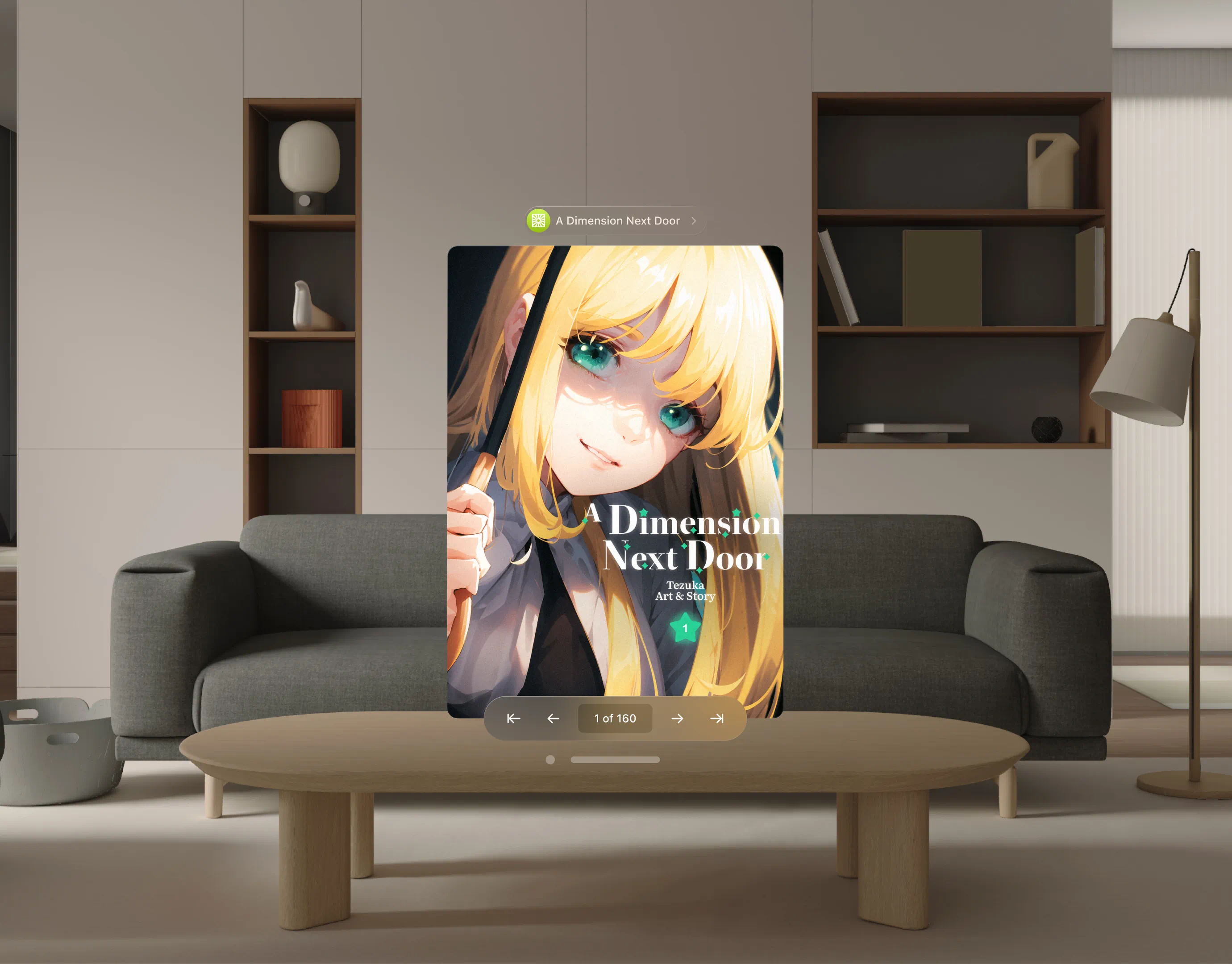 Mockup of an Apple Vision Pro app named 'Tezuka Reader' displayed in a living room. The app is open and a screen is floating in the living room. The screen shows a manga cover with some page controls and a pagination indicator at the bottom. The room is furnished with a gray sofa, a wooden coffee table, and a standing lamp.