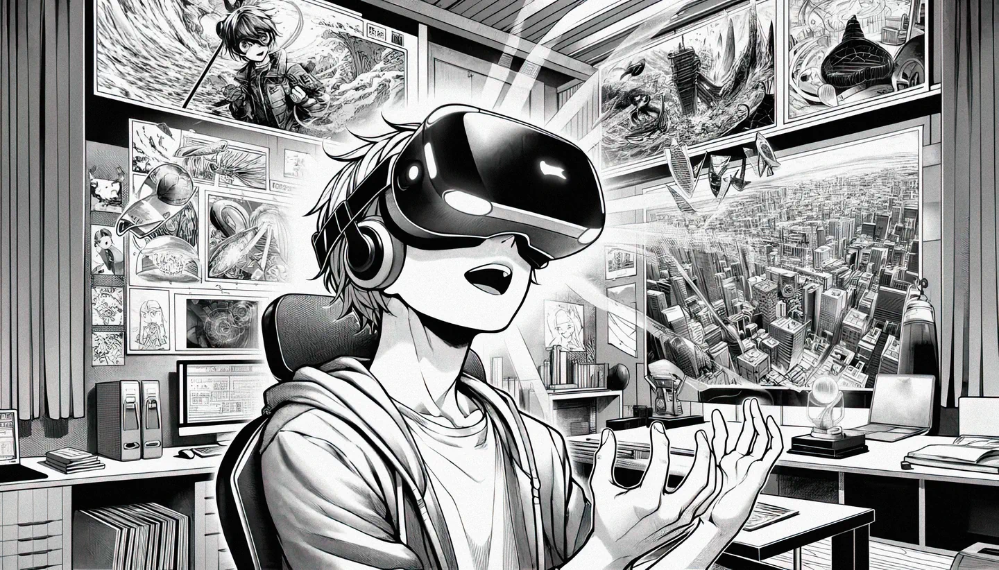 Monochrome manga image of a person wearing a spatial computing device, engrossed in a virtual manga world. The room around them is adorned with manga artwork, and the desk is cluttered with technology and books, suggesting a blend of reality and immersive digital experiences.